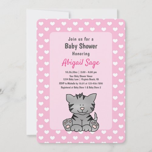 Cute Grey Kitten and Hearts Girl Baby Shower Invitation