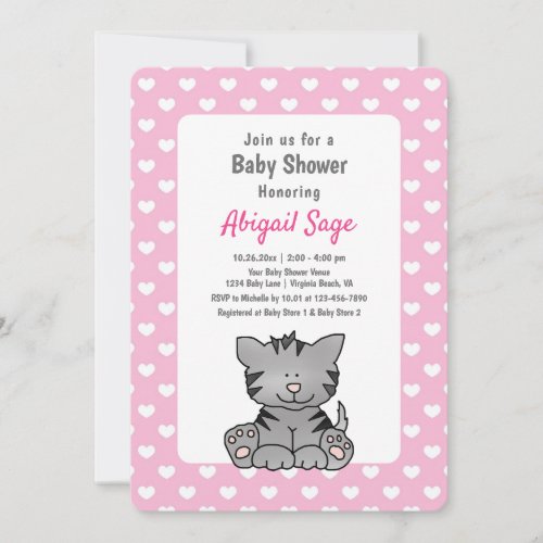 Cute Grey Kitten and Hearts Girl Baby Shower Invitation