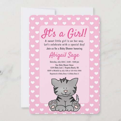 Cute Grey Kitten and Hearts Girl Baby Shower Invitation