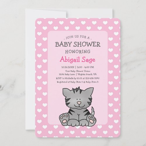 Cute Grey Kitten and Hearts Girl Baby Shower Invitation