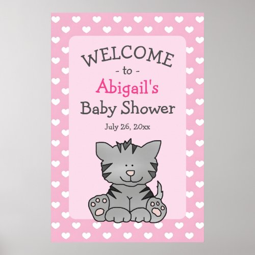 Cute Grey Kitten and Hearts Girl Baby Shower Poster