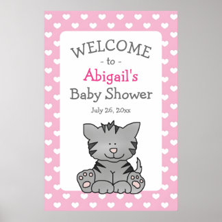 Cute Grey Kitten and Hearts Girl Baby Shower Poster