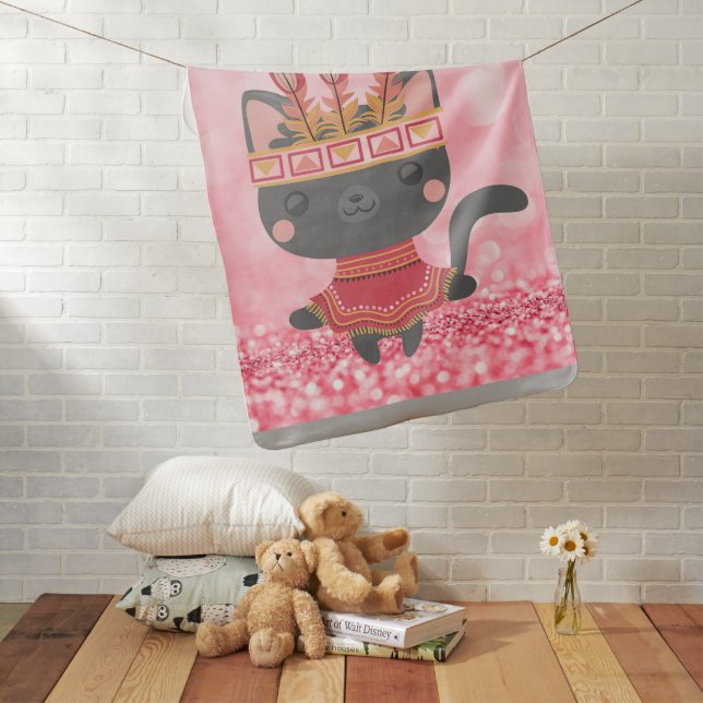 Cute Grey Kitten | Native American | Pink Glitter Baby Blanket (In Situ)