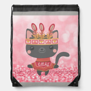 Cute Grey Kitten Native American Pink Glitter Drawstring Bag