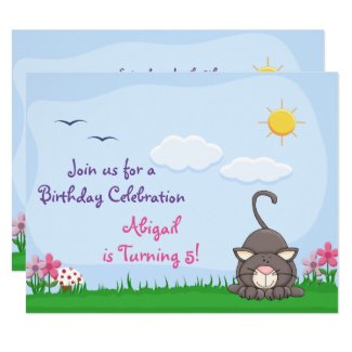 Cute Grey Kitty Cat and Flowers Birthday Invitation