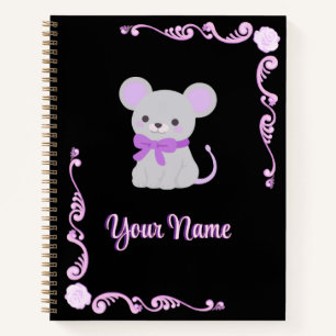 Cute Grey Mouse Purple Bow Dark Floral Frame Notebook