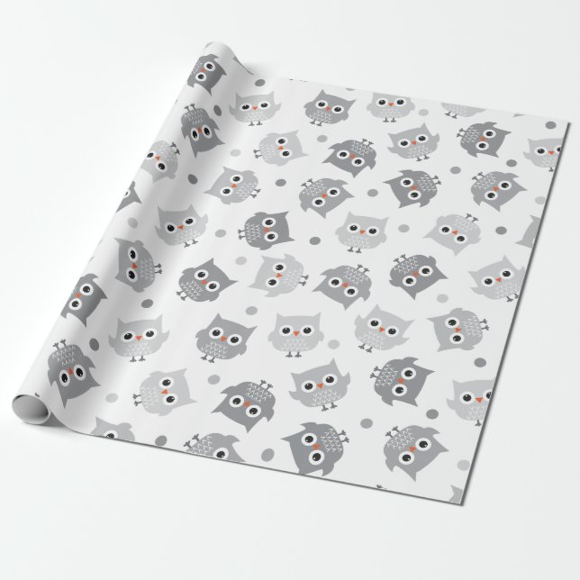 Cute Grey Owls Baby Shower Wrapping Paper (Unrolled)
