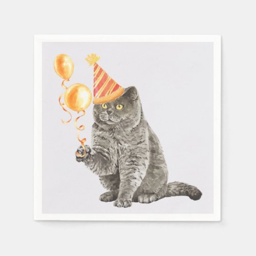 Cute Grey Party Cat and Balloons  Napkins