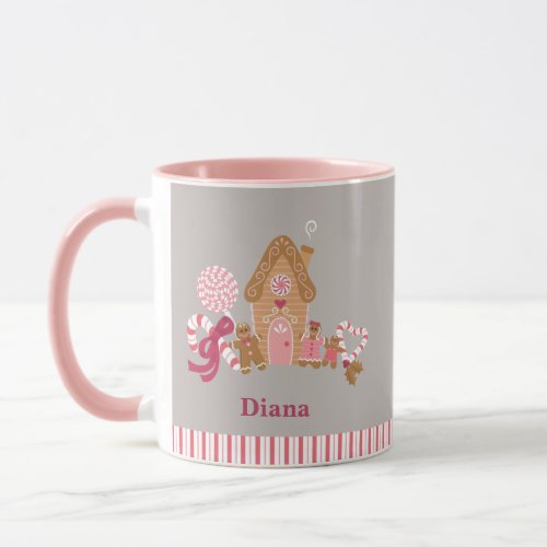 Cute Grey Pink Candy Cane Gingerbread House Mug