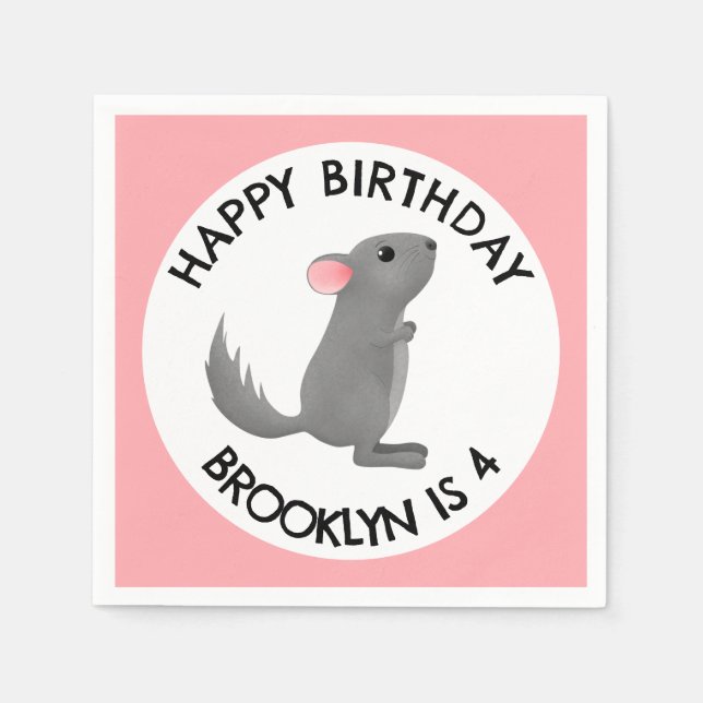 Cute grey pink chinchilla personalized birthday napkins (Front)