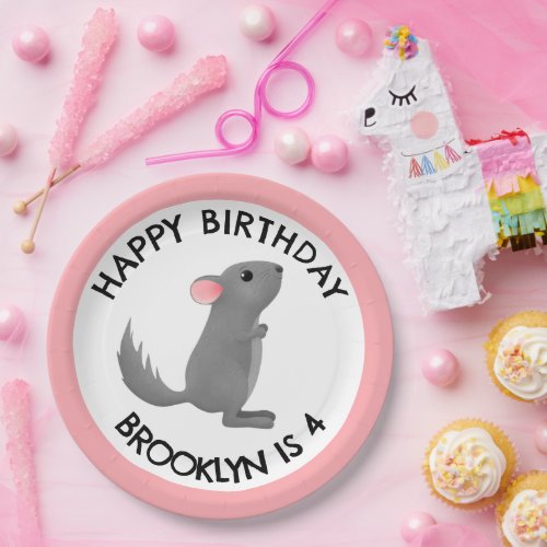 Cute grey pink chinchilla personalized birthday paper plates