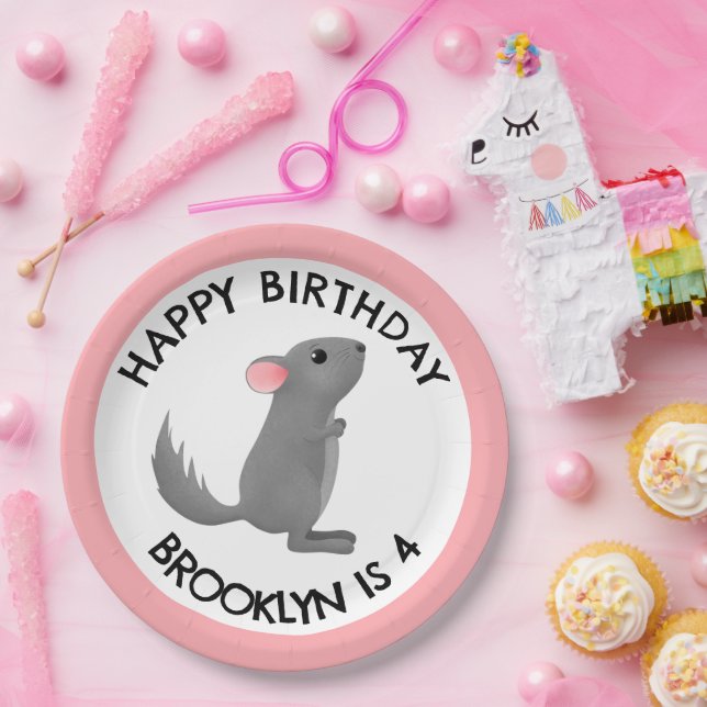 Cute grey pink chinchilla personalized birthday paper plates (Party)