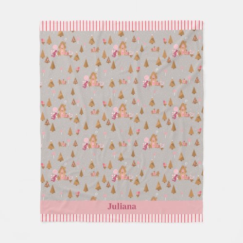Cute Grey Pink Gingerbread Candy Cane Cottage Fleece Blanket