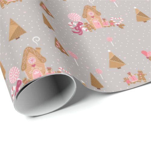 Cute Grey Pink Gingerbread Candy Cane Wrapping Pap Wrapping Paper