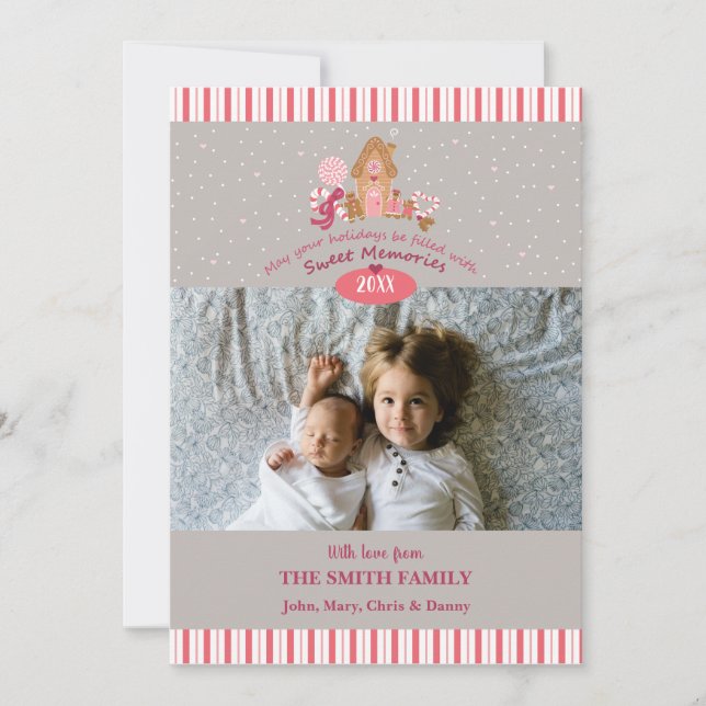 Cute Grey Pink Gingerbread Candy Canes Photo Card (Front)