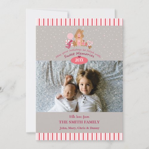 Cute Grey Pink Gingerbread Candy Canes Photo Card