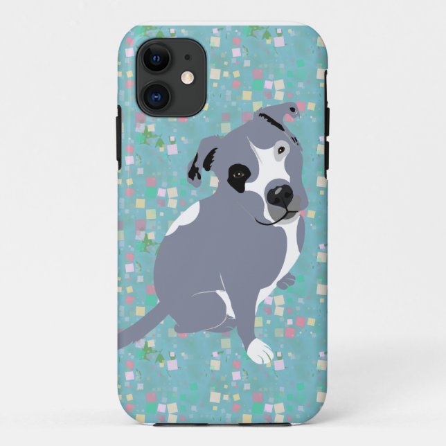 Cute Grey Pitbull Puppy on Squares Pattern Case-Mate iPhone Case (Back)
