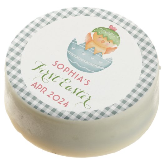 Cute Grey Plaid Chick & Egg My First Easter Chocolate Covered Oreo (Angled)