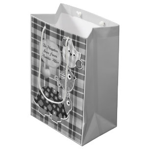 Cute Grey Plaid Turtle and Owl Personalised Medium Gift Bag
