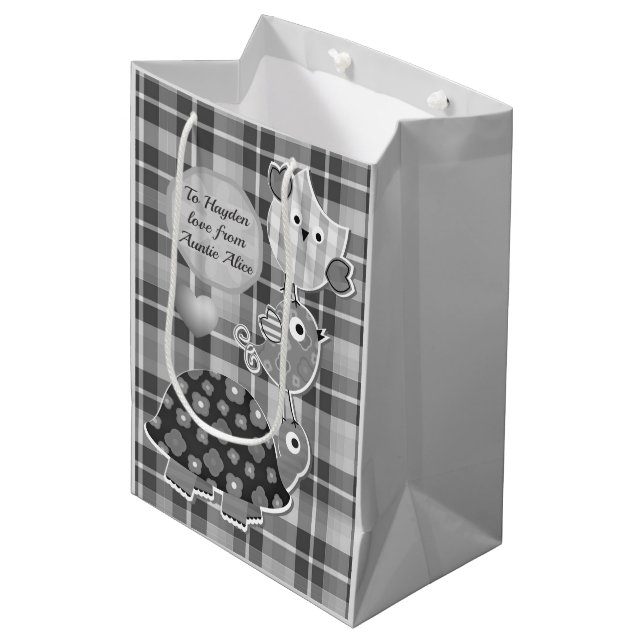 Cute Grey Plaid Turtle and Owl Personalised  Medium Gift Bag (Front Angled)