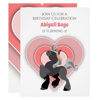 Cute Grey Pony and Pink Hearts Horse Birthday Invitation