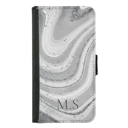 Cute grey silver marble art faux Glitter monogram Samsung Galaxy S5 Wallet Case