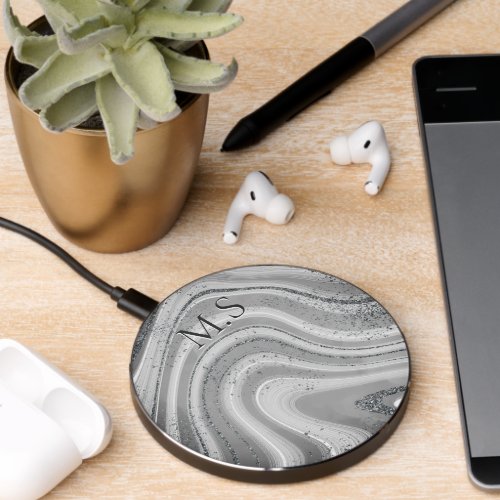 Cute grey silver marble art faux Glitter monogram Wireless Charger