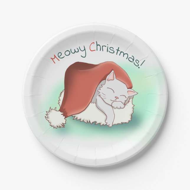 Cute Grey Sleeping Cat Christmas Paper Plates (Front)