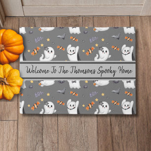 Cute Grey Spooky Ghost Family Halloween Pattern  Doormat