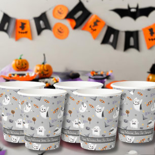Cute Grey Spooky Ghost Halloween Pattern Paper Cups