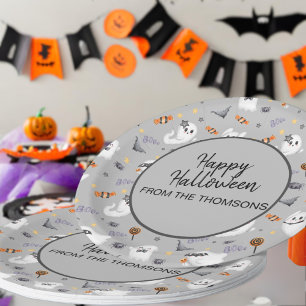 Cute Grey Spooky Ghost Halloween Pattern  Paper Plates