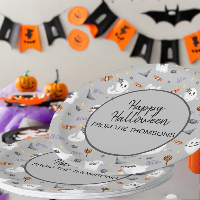Cute Grey Spooky Ghost Halloween Pattern  Paper Plates (Creator Uploaded)