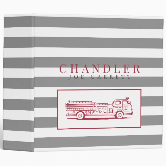 Cute Grey Stripe Red Fire Truck Photo Album 3 Ring Binder (Front/Spine)