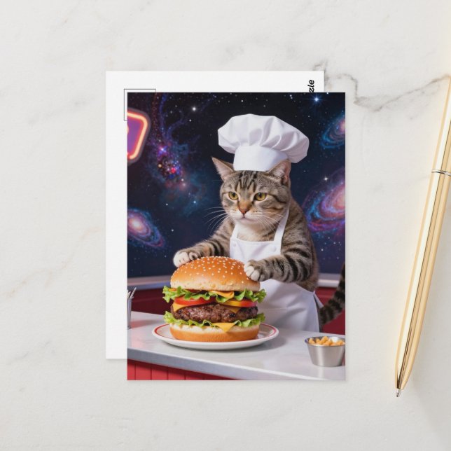 Cute Grey Tabby Cat Chef Making Cheeseburger Postcard (Front/Back In Situ)
