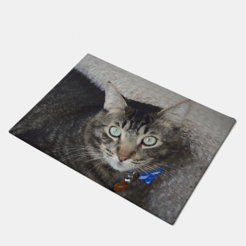 Cute Grey Tabby Cat Green Eyes Elegant Doormat