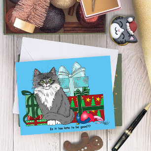 Cute Grey White Christmas Kitten Presents Blue Card