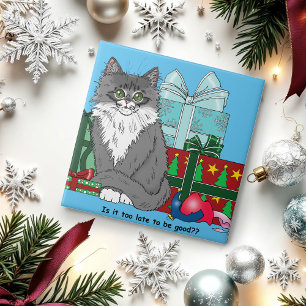 Cute Grey White Christmas Kitten Presents Blue Ceramic Tile