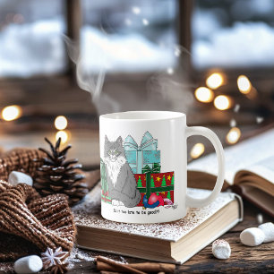 Cute Grey White Christmas Kitten Presents Blue Coffee Mug