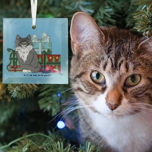 Cute Grey White Christmas Kitten Presents Blue Glass Ornament