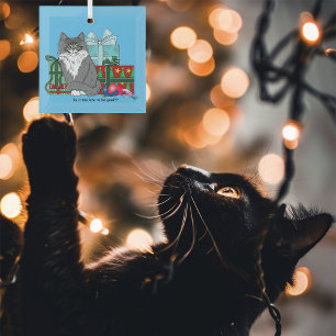 Cute Grey White Christmas Kitten Presents Blue Glass Ornament