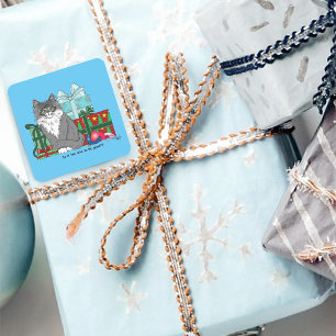 Cute Grey White Christmas Kitten Presents Blue Square Sticker