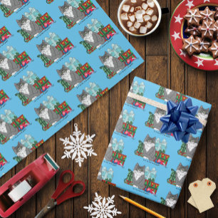 Cute Grey White Christmas Kitten Presents Blue Wrapping Paper