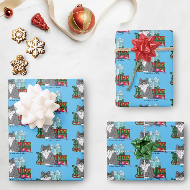 Cute Grey White Christmas Kitten Presents Blue Wrapping Paper Sheets (Creator Uploaded)