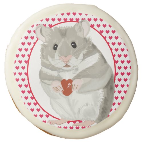 Cute Grey  White Hamster and Red Hearts   Sugar Cookie