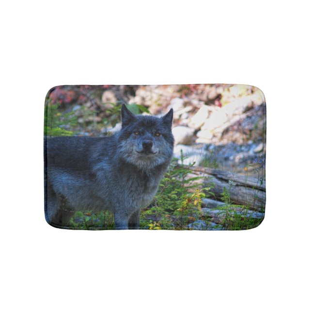 Cute Grey Wolf and Wilderness Forest Bathroom Mat (Front)