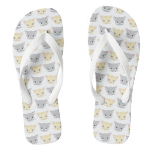 Cute Grey & Yellow Kitten Face Pattern Flip Flops