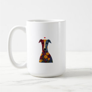 Cute Greyhound Whippet Floral Portrait Red Heart Coffee Mug