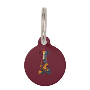 Cute Greyhound Whippet Floral Portrait Red Heart Pet ID Tag