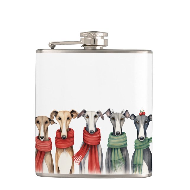 Cute Greyhounds and Whippets | Dogs in Scarves Flask (Front)
