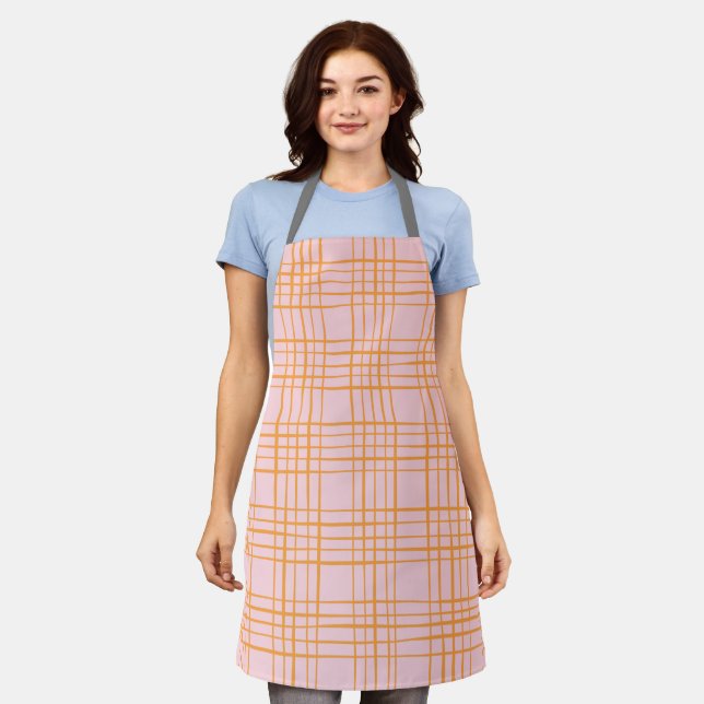 Cute Grid Lines Pattern Pastel Pink and Orange Apron (Worn)